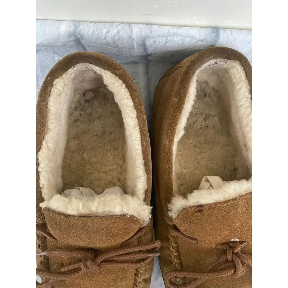 Bearpaw men 13 suede slip on moccasins w/front tie tan